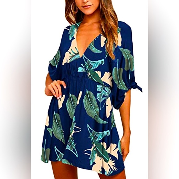 NWOT Tropical Wrap Dress V Neck High Waist Mini Swing Navy Green, Size Medium - Picture 1 of 8